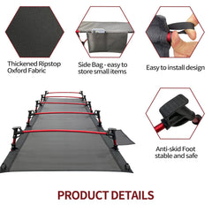 Sutekus camping cot side-pocket storage keeps essentials within reach.