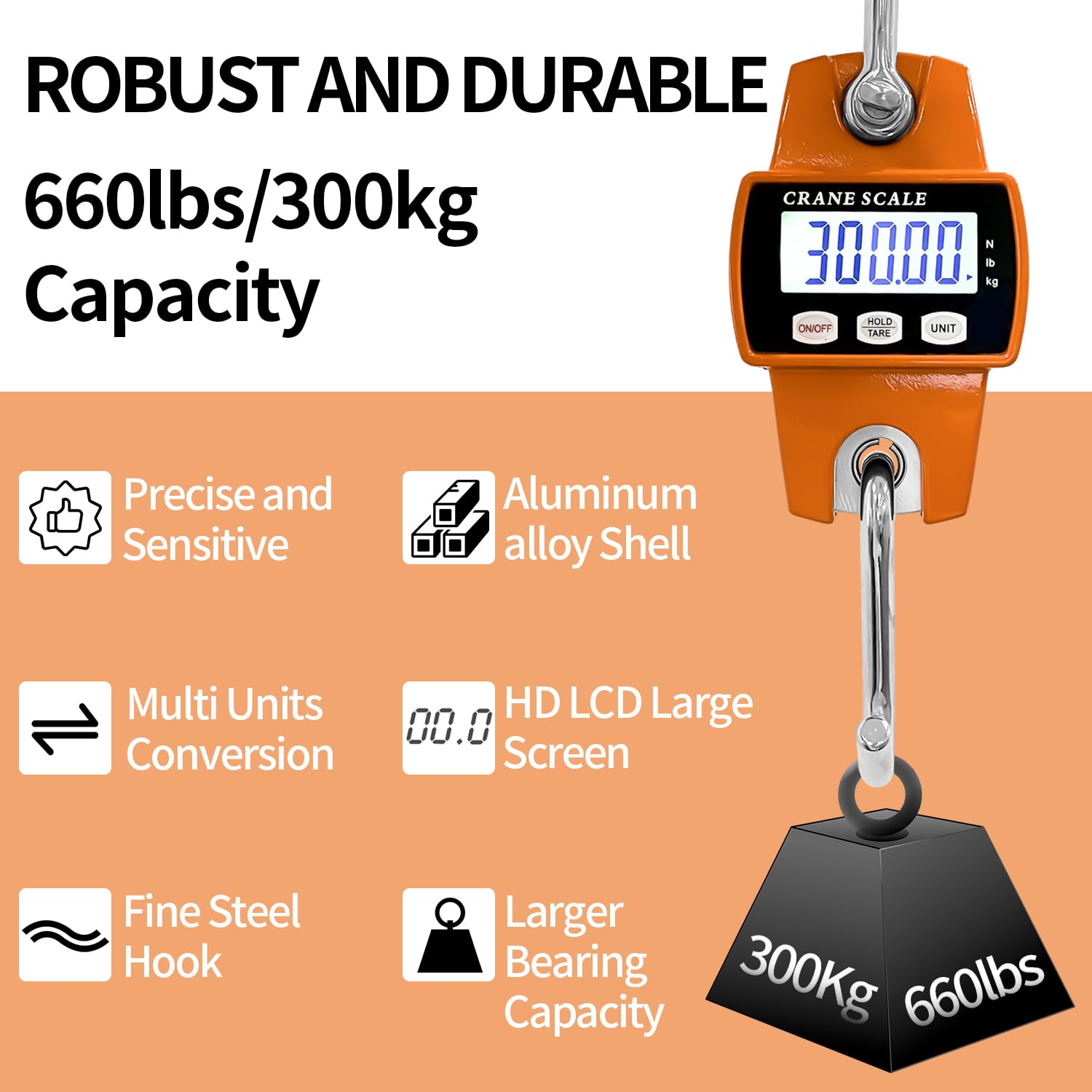 Hanging scale in use for weighing game or fish with 660lb/300kg capacity