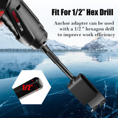 Ice anchor tool connected to 1/2 inch hex drill