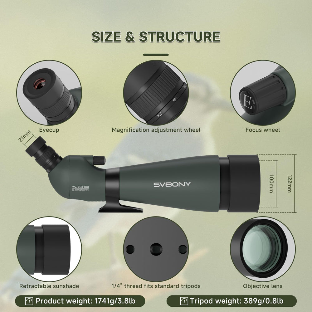 SVBONY SV28 20-100x zoom eyepiece offers flexible magnification for versatile viewing.