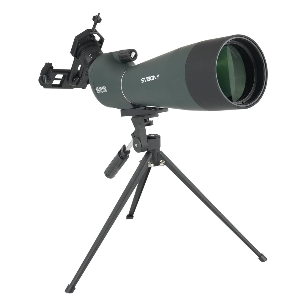 SVBONY SV28 spotting scope with 20-60x zoom eyepiece for detailed distant target viewing.