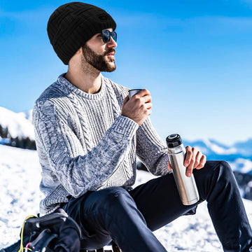 SVPRO heated hat worn on head during winter walk shows steady warmth