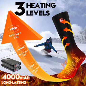 SVPRO heated socks worn with rugged boots on a snowy trail illustrate rugged comfort.