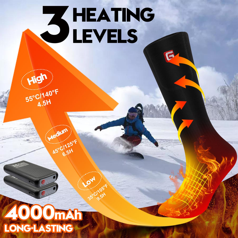 SVPRO heated socks worn with rugged boots on a snowy trail illustrate rugged comfort.