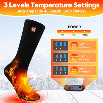 SVPRO heated socks heat settings indicator displays remaining charge for easy warmth control.