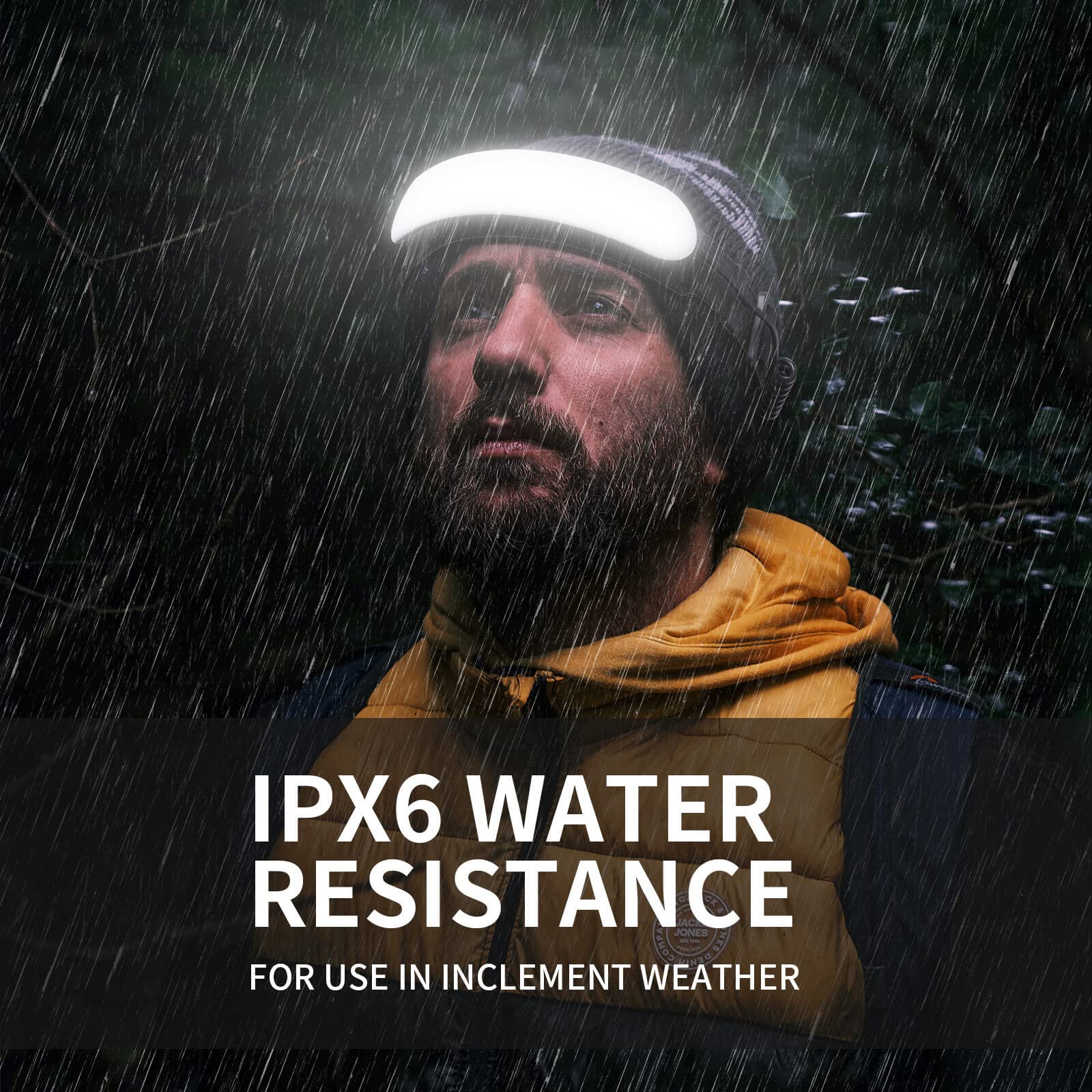 svsviio headlamp ipx6-waterproof image conveys reliability in rain or mist