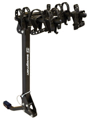 Swagman Trailhead 3 Fold-Down Bike Rack securely mounted on a car hitch with anti-sway cradles