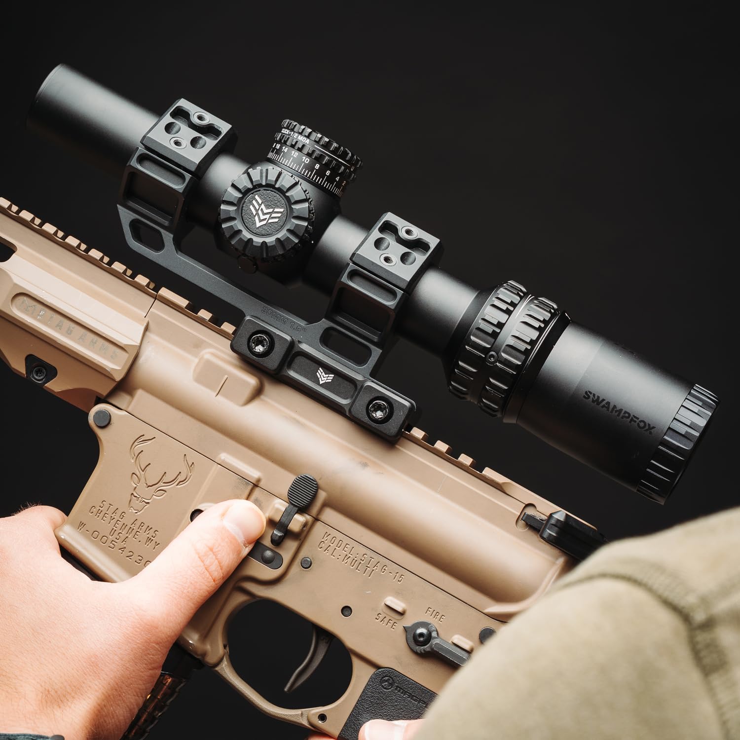 Swampfox Arrowhead LPVO optical closeup reveals bright, sharp image across ranges
