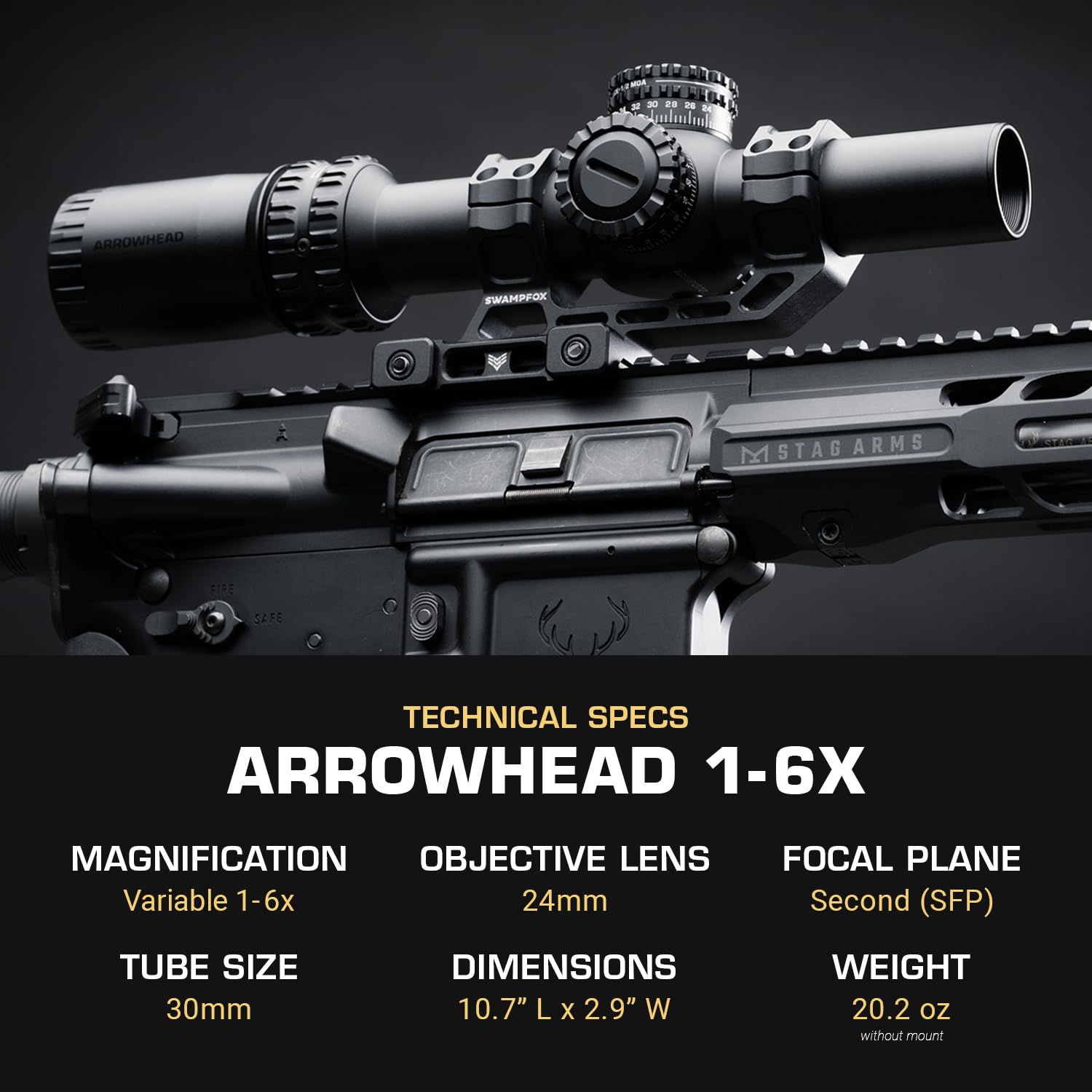 Swampfox Arrowhead Guerrilla Dot MOA Long reticle closeup for precise MOA references.