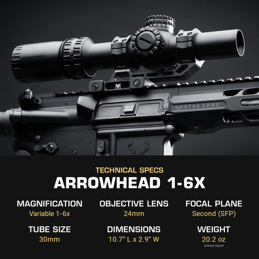 Swampfox Arrowhead Guerrilla Dot MOA Long reticle closeup for precise MOA references.