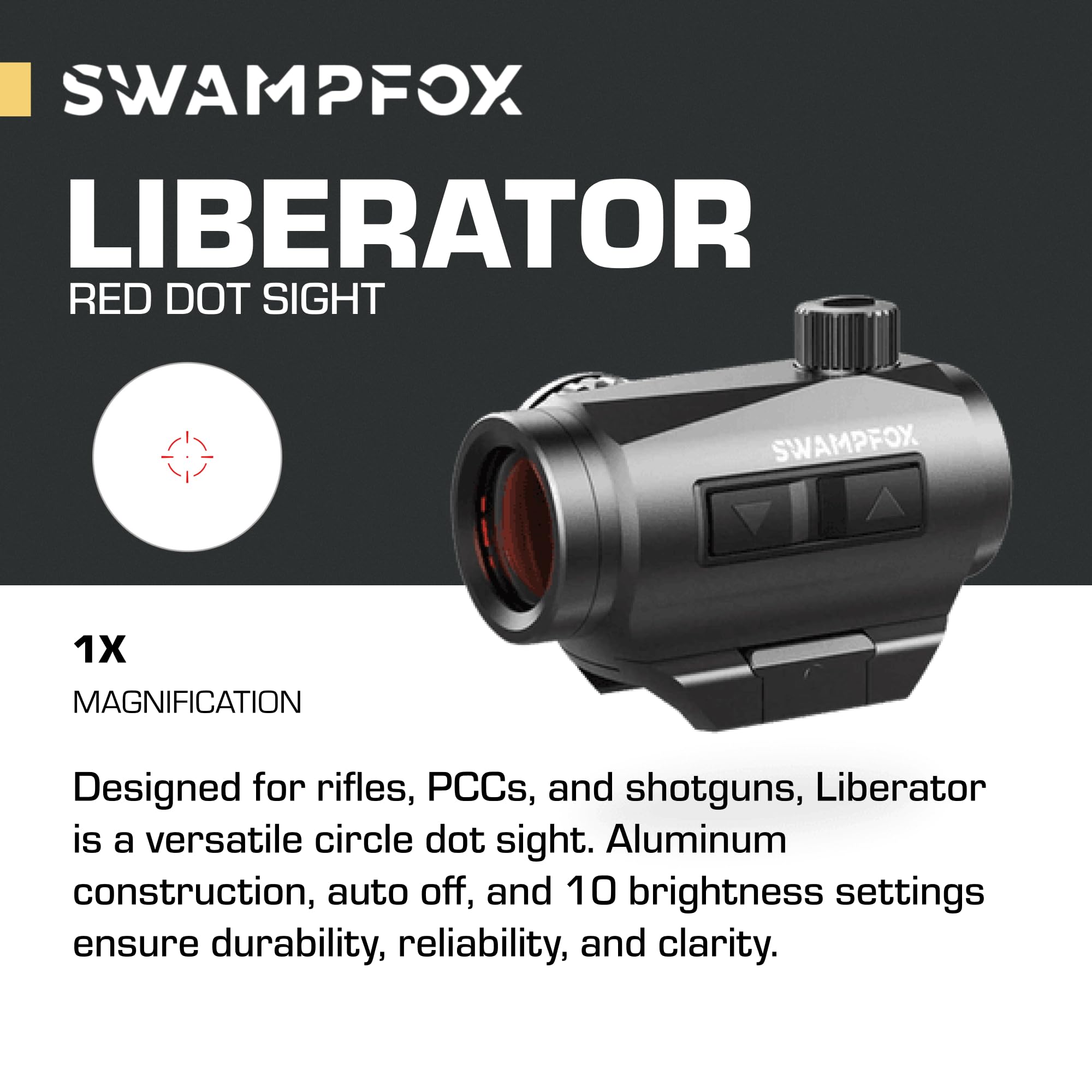 Swampfox Liberator Mini 1x22 shows 3 MOA/2 MOA circle-dot reticle for versatile engagement.