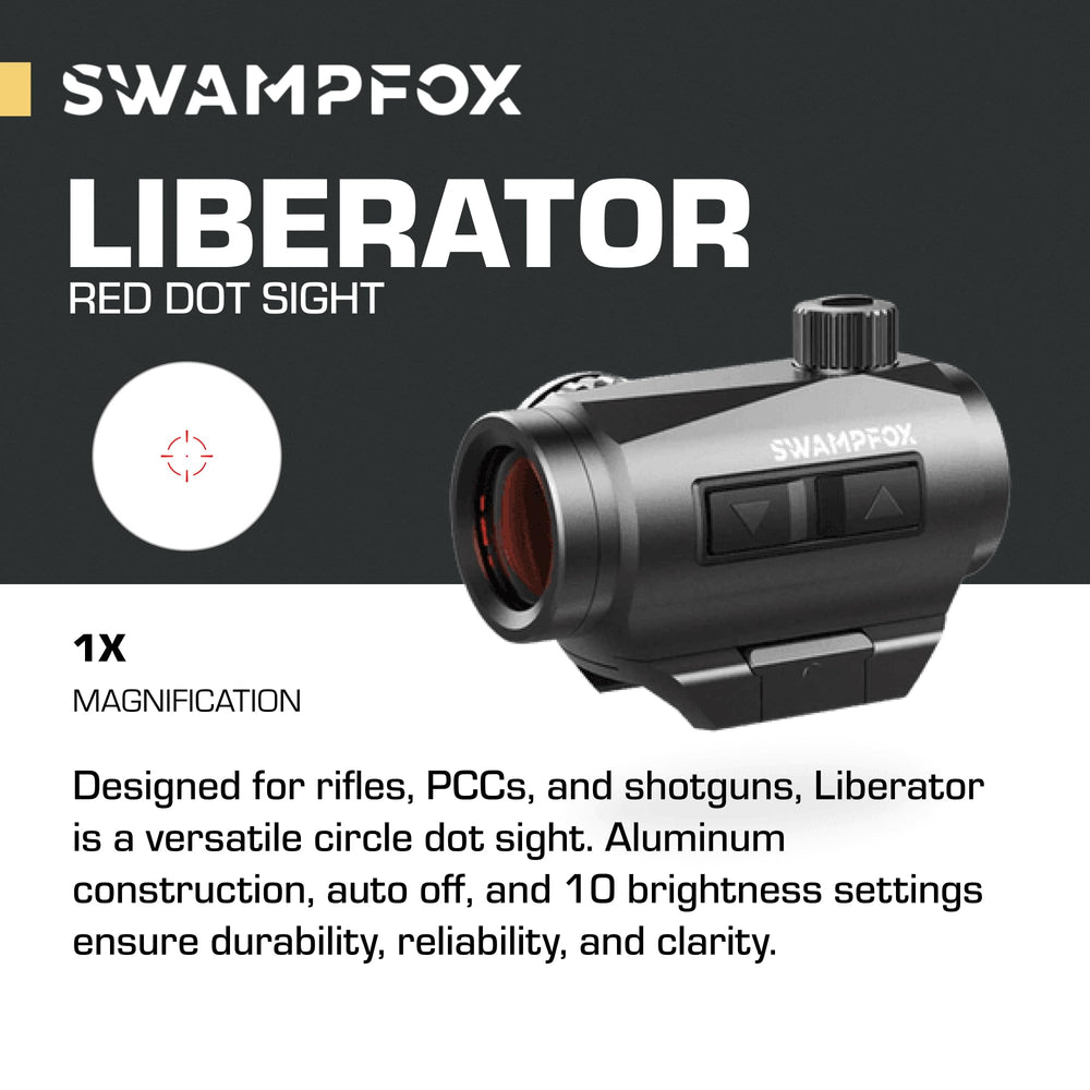 Swampfox Liberator Mini 1x22 shows 3 MOA/2 MOA circle-dot reticle for versatile engagement.