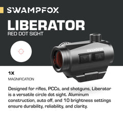 Swampfox Liberator Mini 1x22 shows 3 MOA/2 MOA circle-dot reticle for versatile engagement.