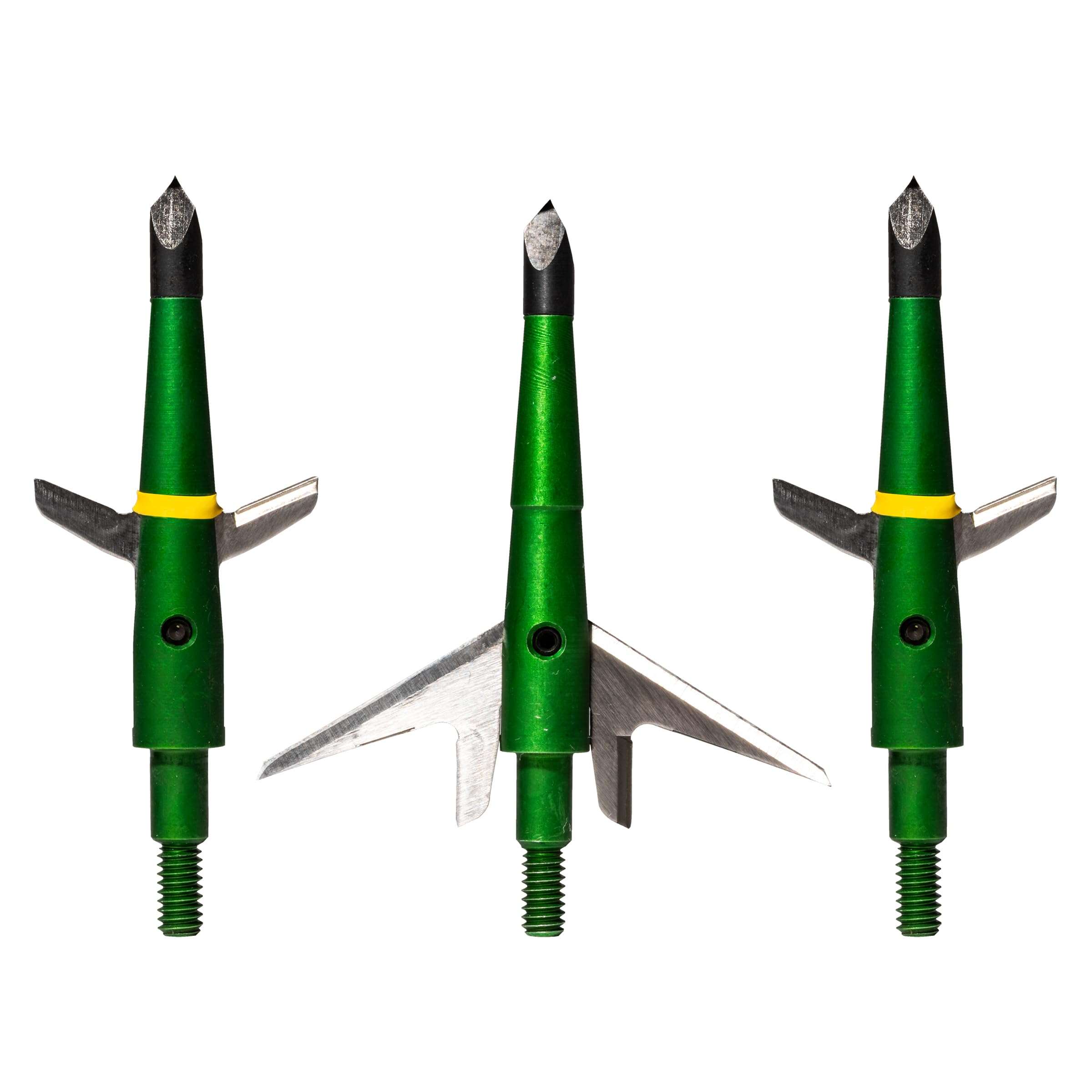 Swhacker 207 green-finish broadhead close-up showing field-proven hunting accuracy.