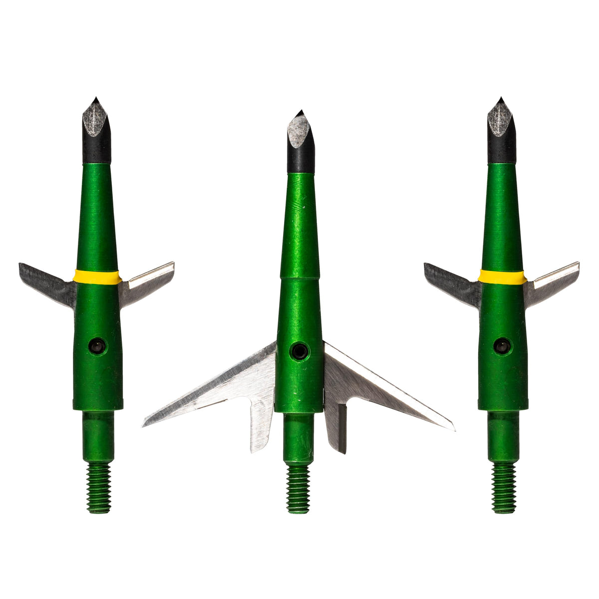 Swhacker 207 green-finish broadhead close-up showing field-proven hunting accuracy.