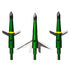 Swhacker 207 green-finish broadhead close-up showing field-proven hunting accuracy.