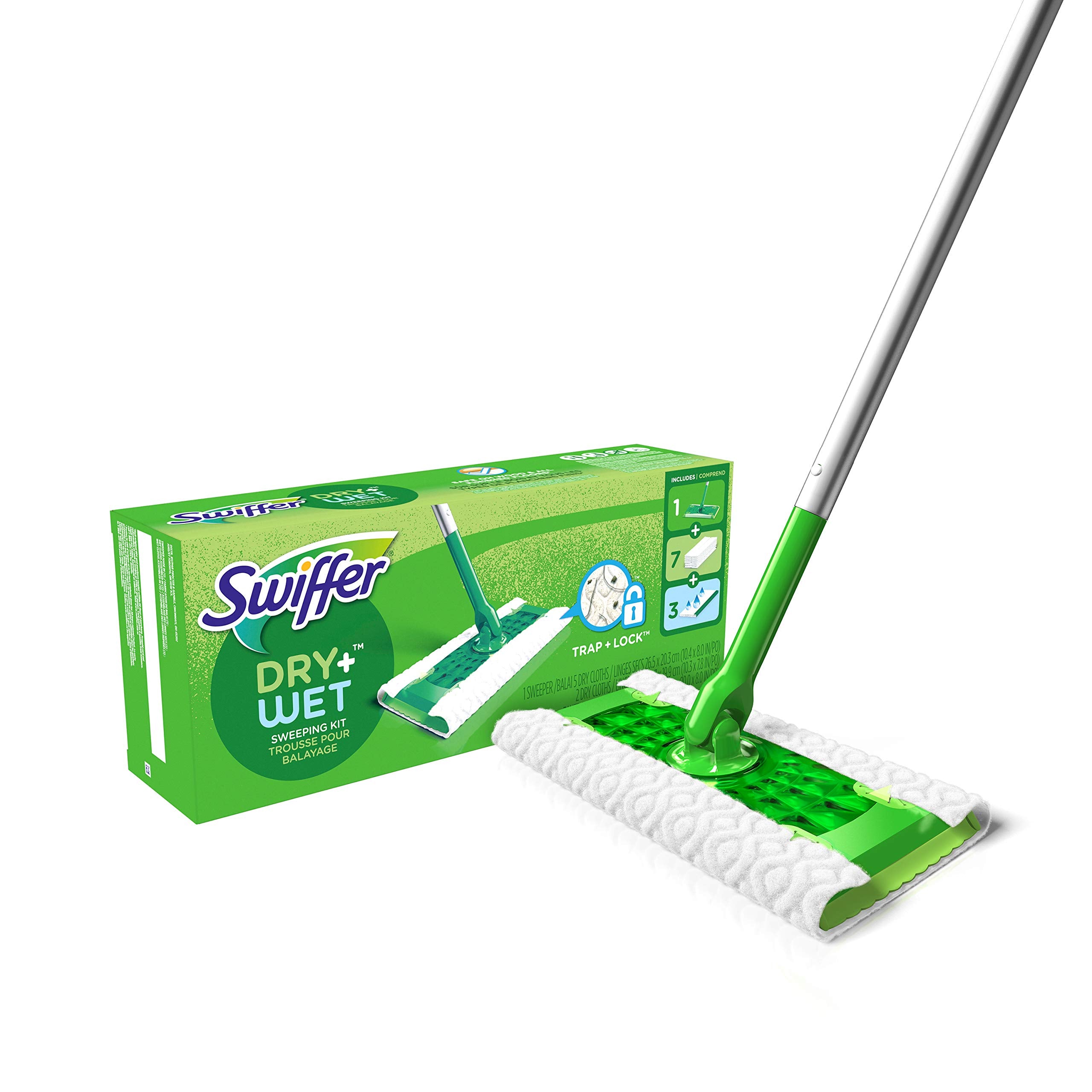 Swiffer 92815 Sweeper start kit demonstrates dry and wet floor versatility for quick cleaning.