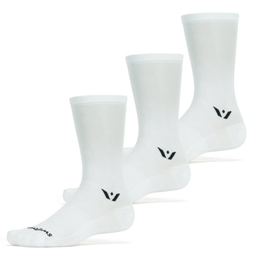 Swiftwick Aspire Seven cycling socks in white pack provide moisture management for dry feet.