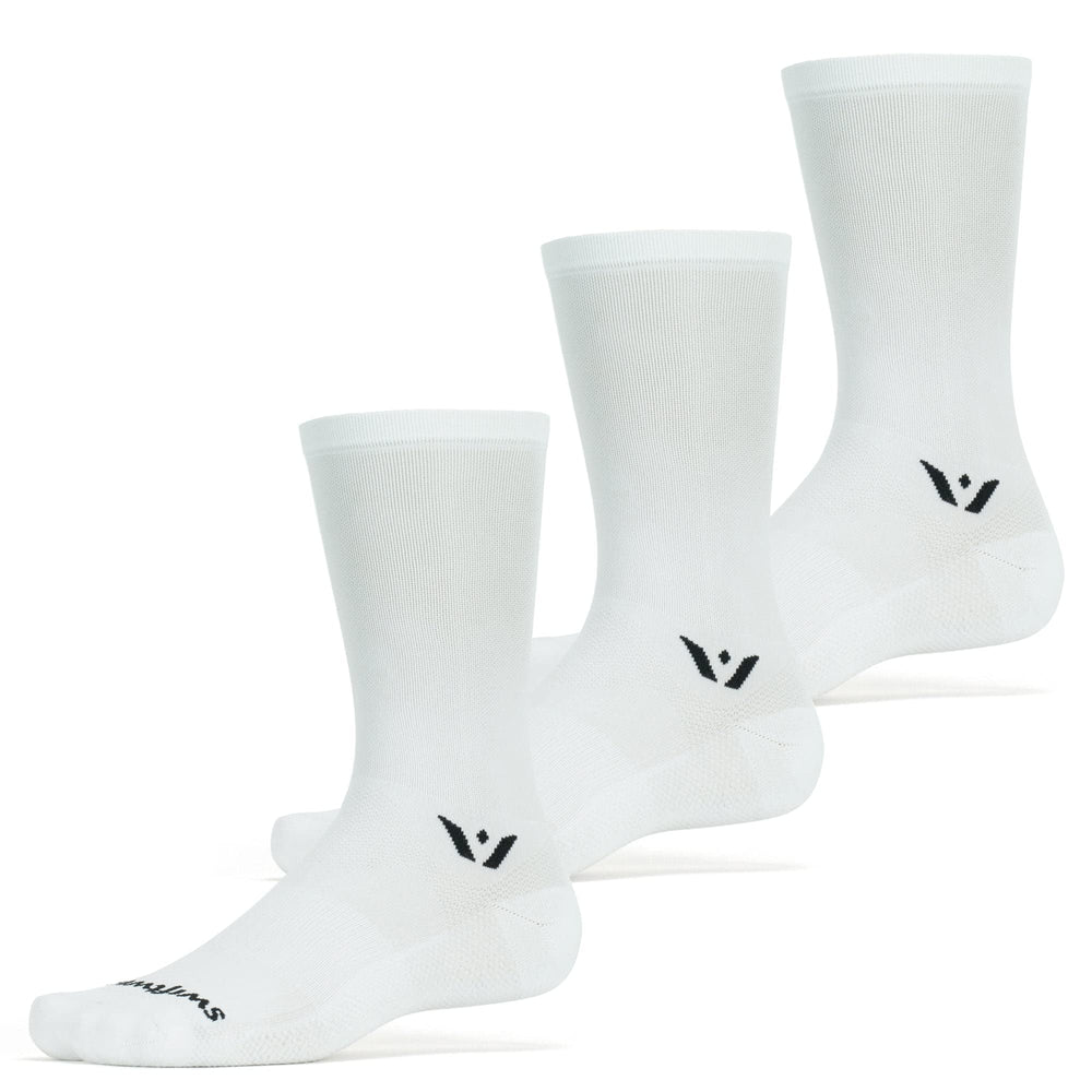 Swiftwick Aspire Seven cycling socks in white pack provide moisture management for dry feet.