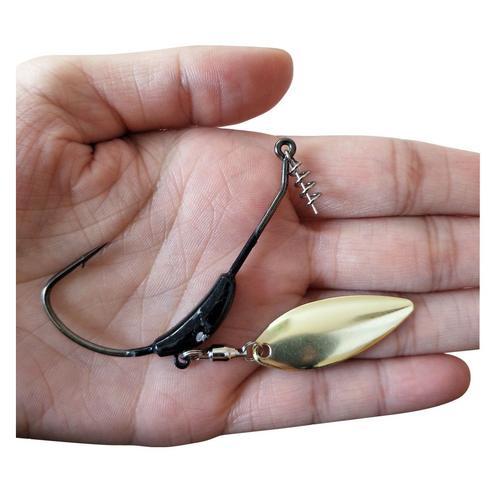 Three-piece weighted hook set for soft swim baits with twist lock and spin