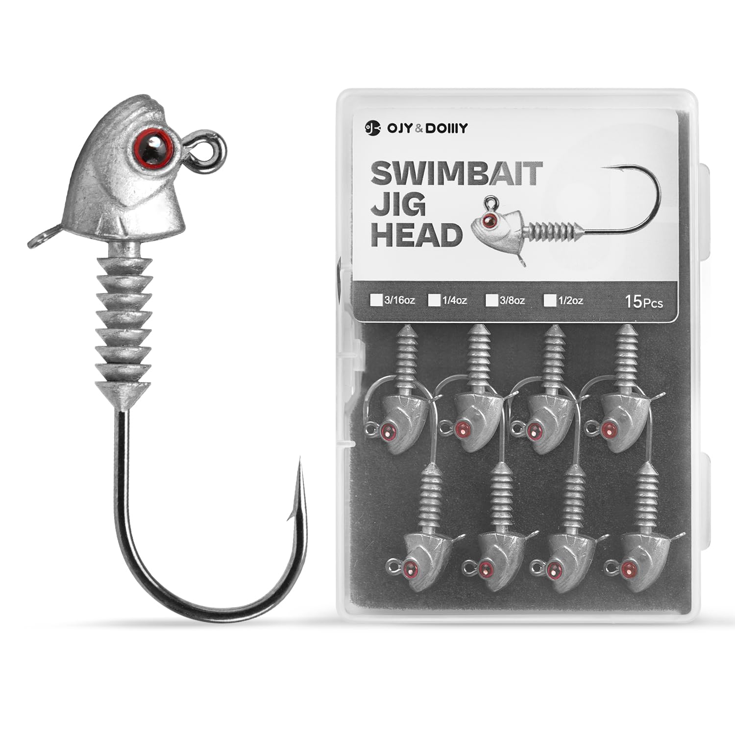 Swimbait jig heads with stacked cone keeper and Minnow-style eyes