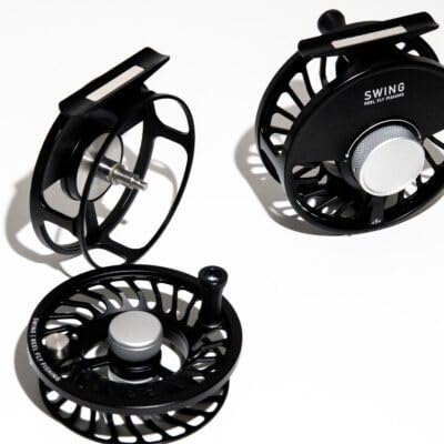 Overall Swing reel with satin black finish and silver accents