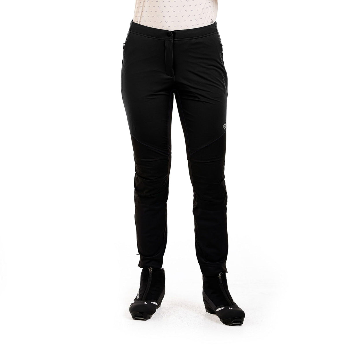 Swix Delda women's softshell pant black, front view, flexible motion for cool-weather runs.