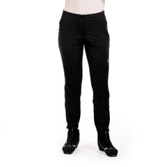 Swix Delda women's softshell pant black, front view, flexible motion for cool-weather runs.