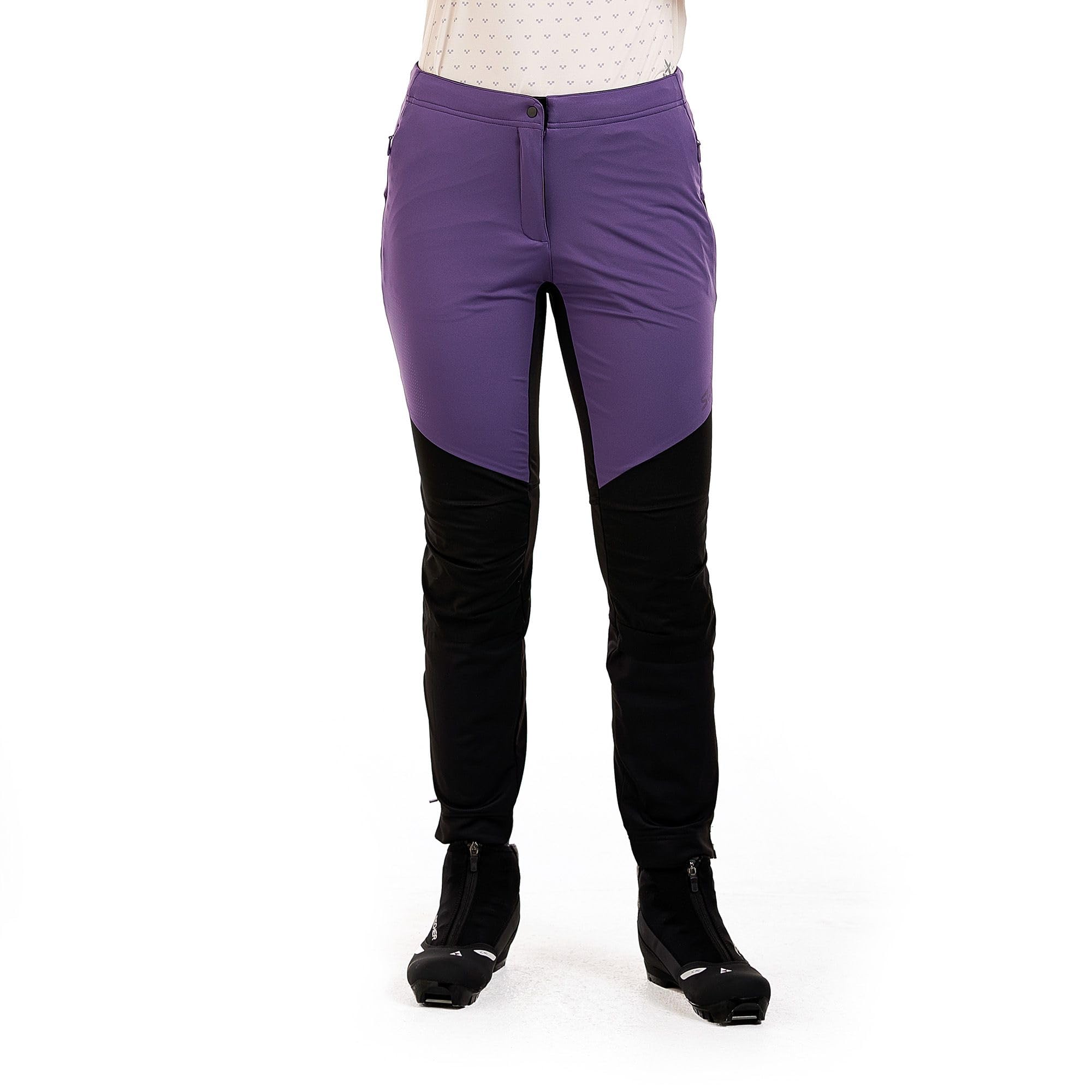 Swix Delda women's softshell pant in grape, front view, comfortable fall activities.