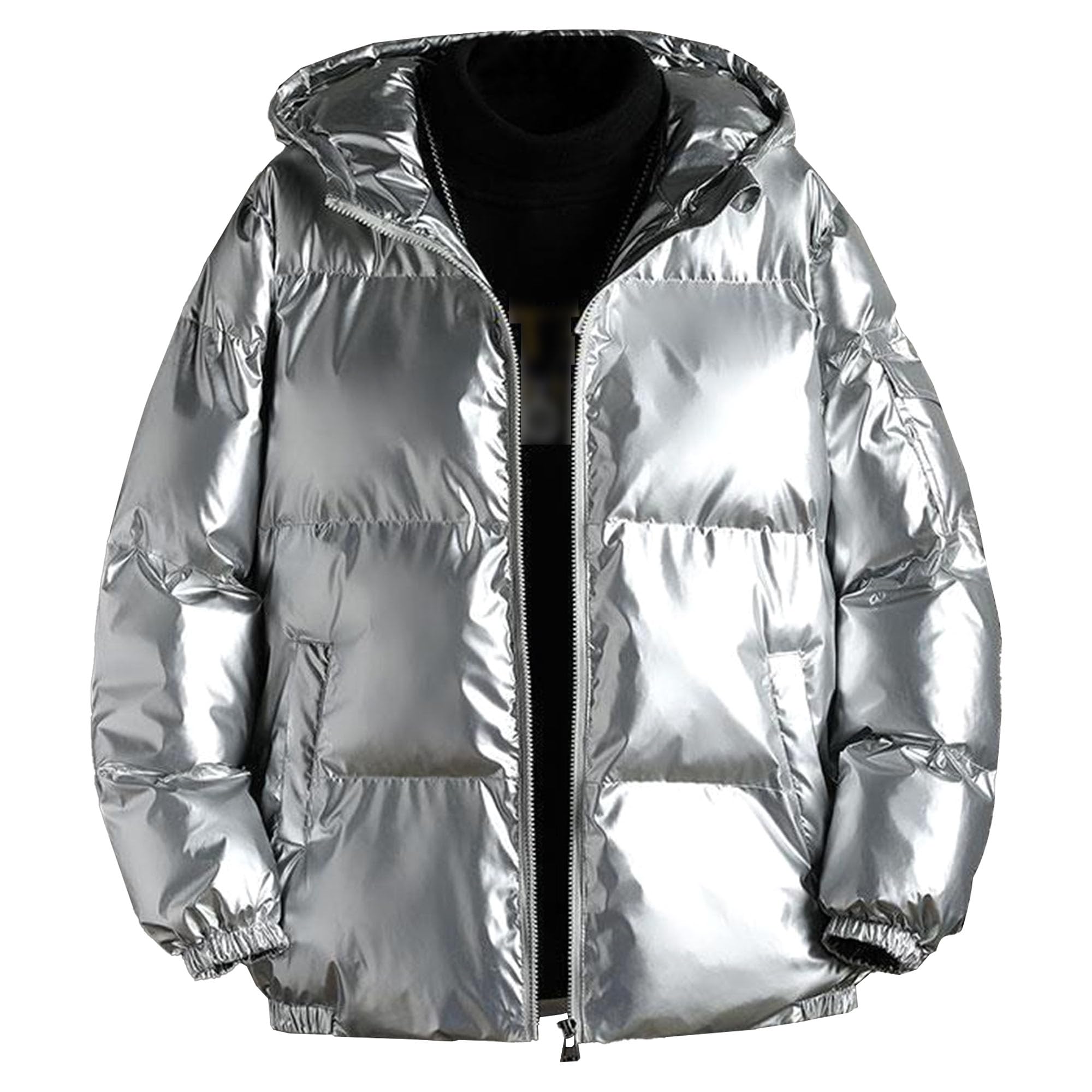 SWJGLITTR men's thickened hooded silver jacket, front view, keeps you warm in cold weather.