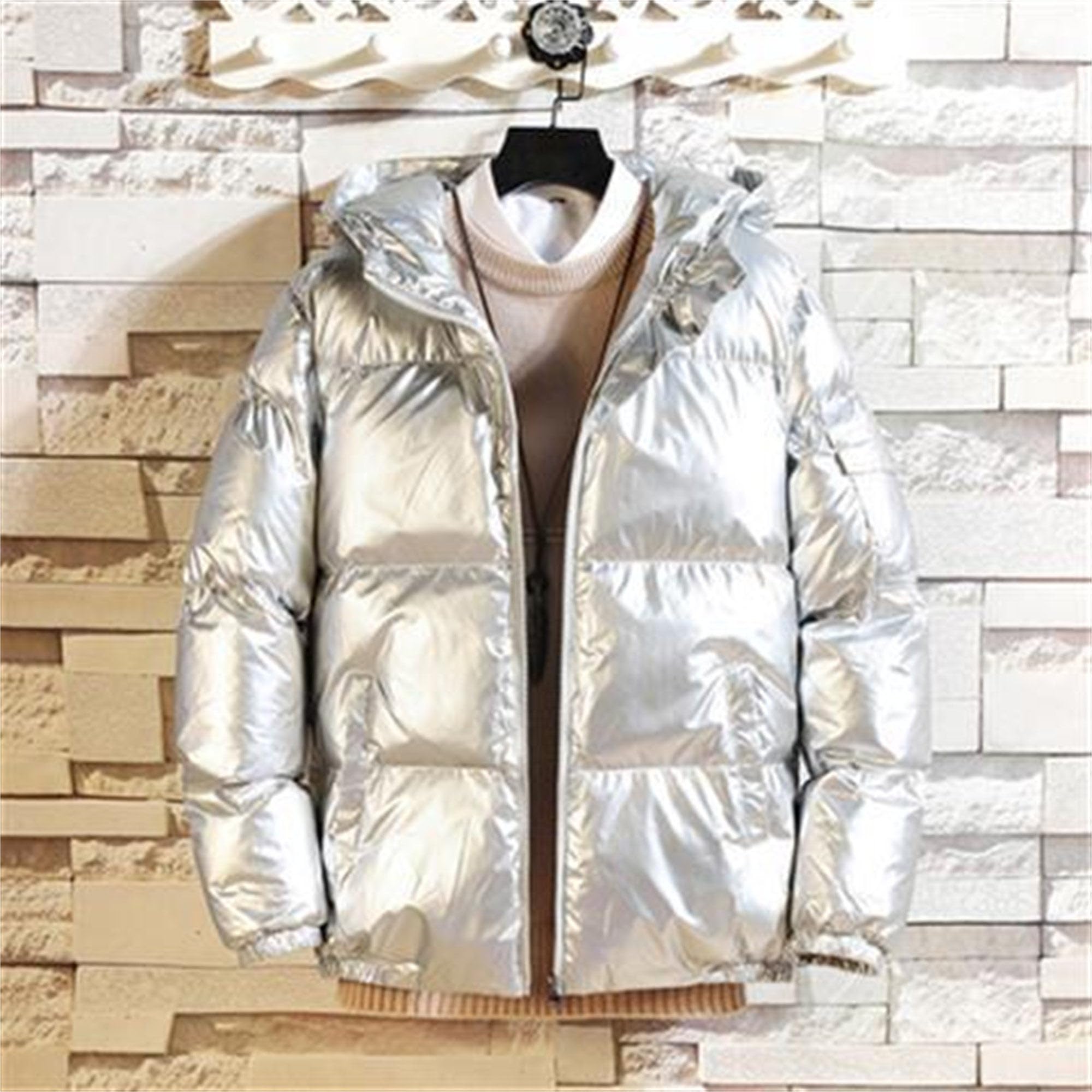 SWJGLITTR silvery metallic jacket, close-up, reflective coating adds stylish shine.