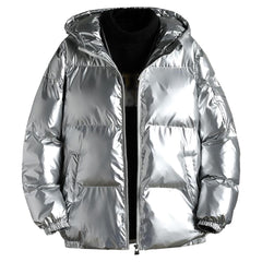 SWJGLITTR men's thickened hooded silver jacket with a sleek metallic finish for winter warmth.