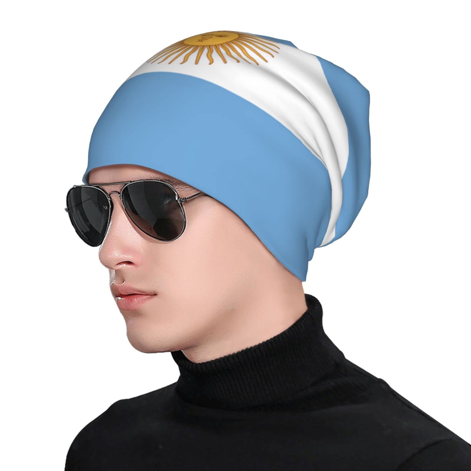 SXIKON Argentina flag beanie packaging highlights easy care and travel-friendly design.