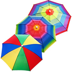 Folded rainbow umbrella hats showing compact size, Style A