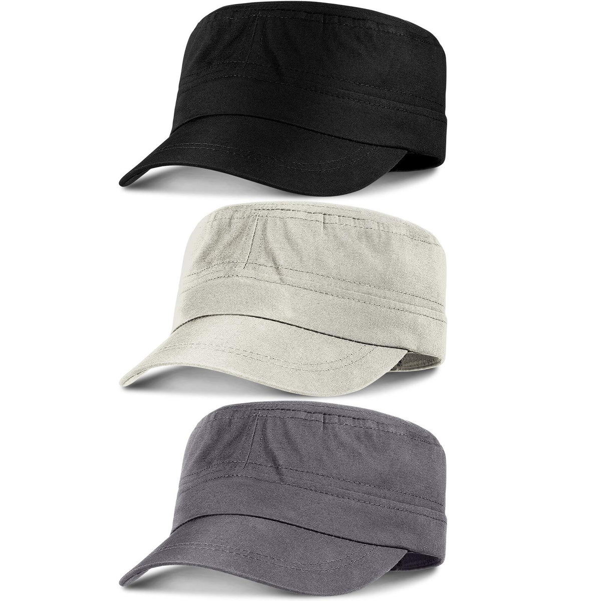 Package of three Syhood cotton cadet army caps in different colors
