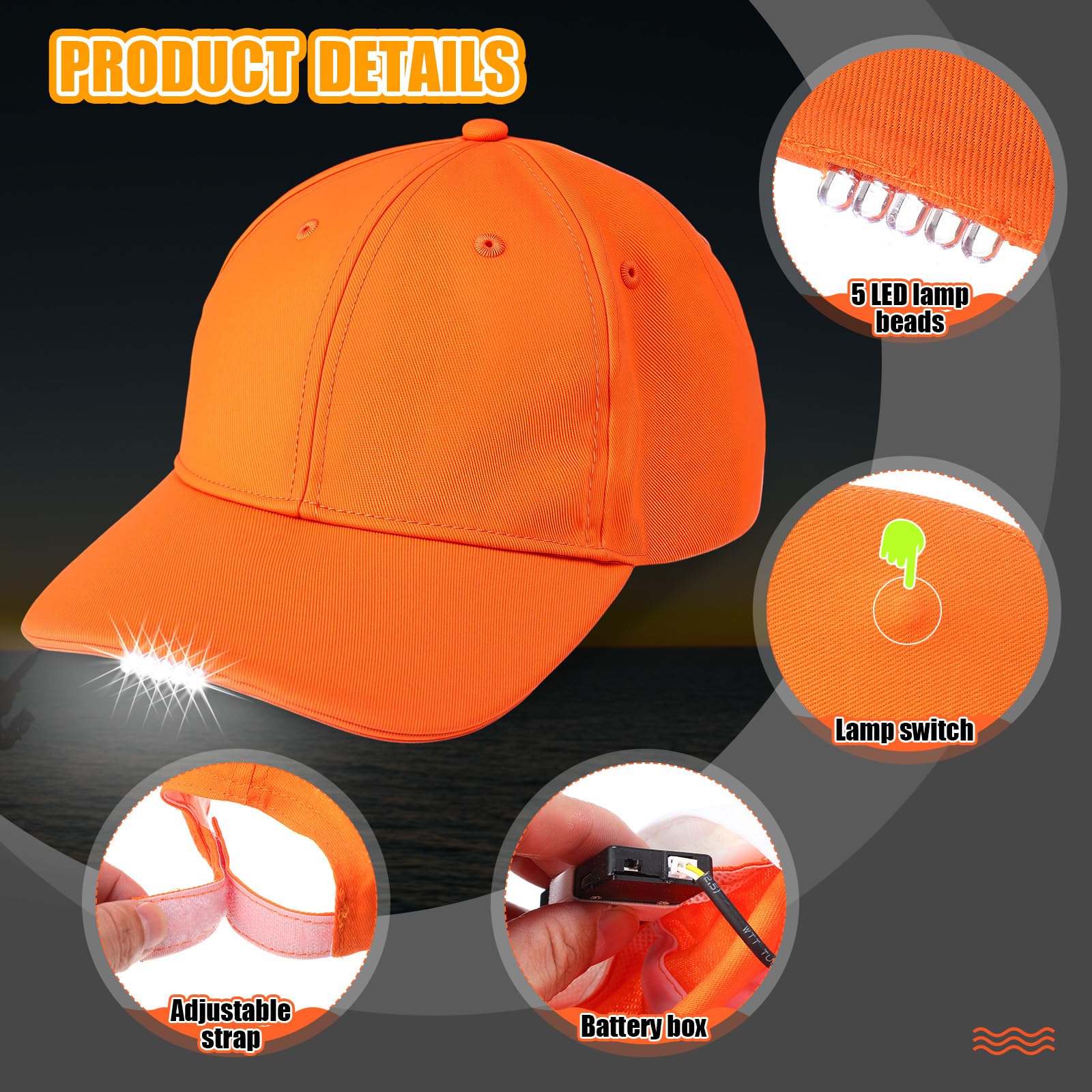 Syhood LED cap black side view with light on for outdoors