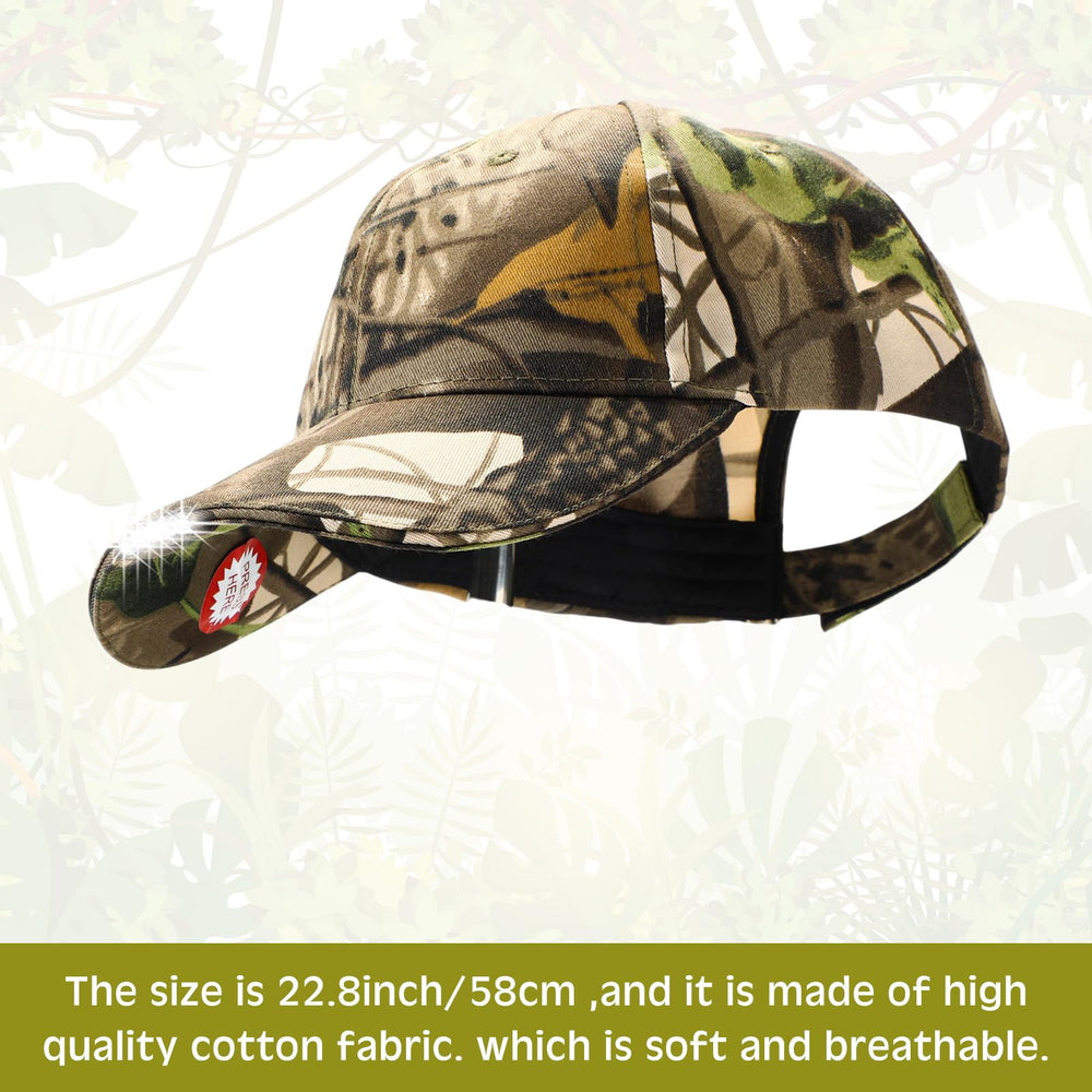 Syhood camouflage cap close-up shows brim light for nighttime outdoor work