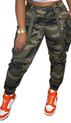 Symina women's camo cargo pants front view with pockets and slim silhouette for everyday wear.