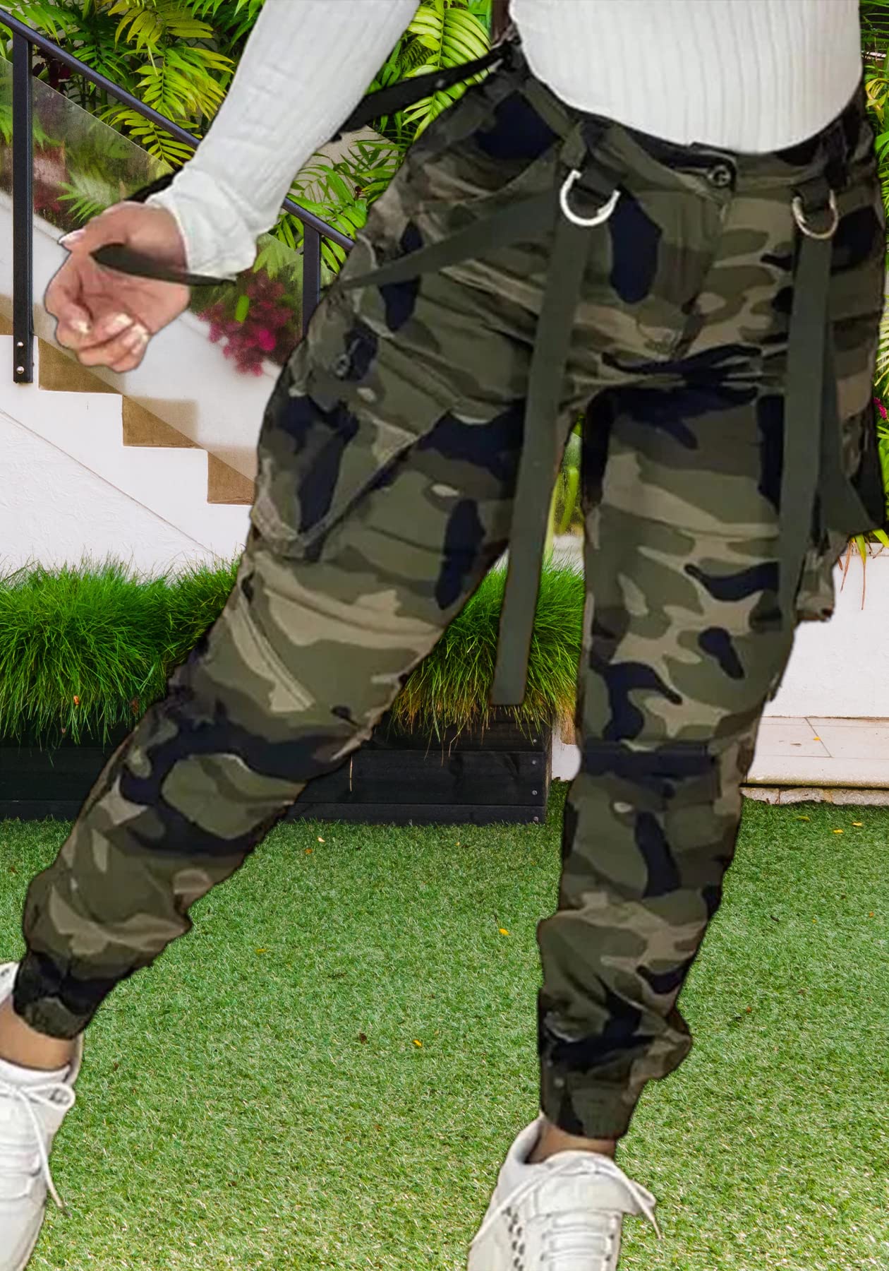 Symina women's camo cargo pants high waist shot suggests flattering silhouette.