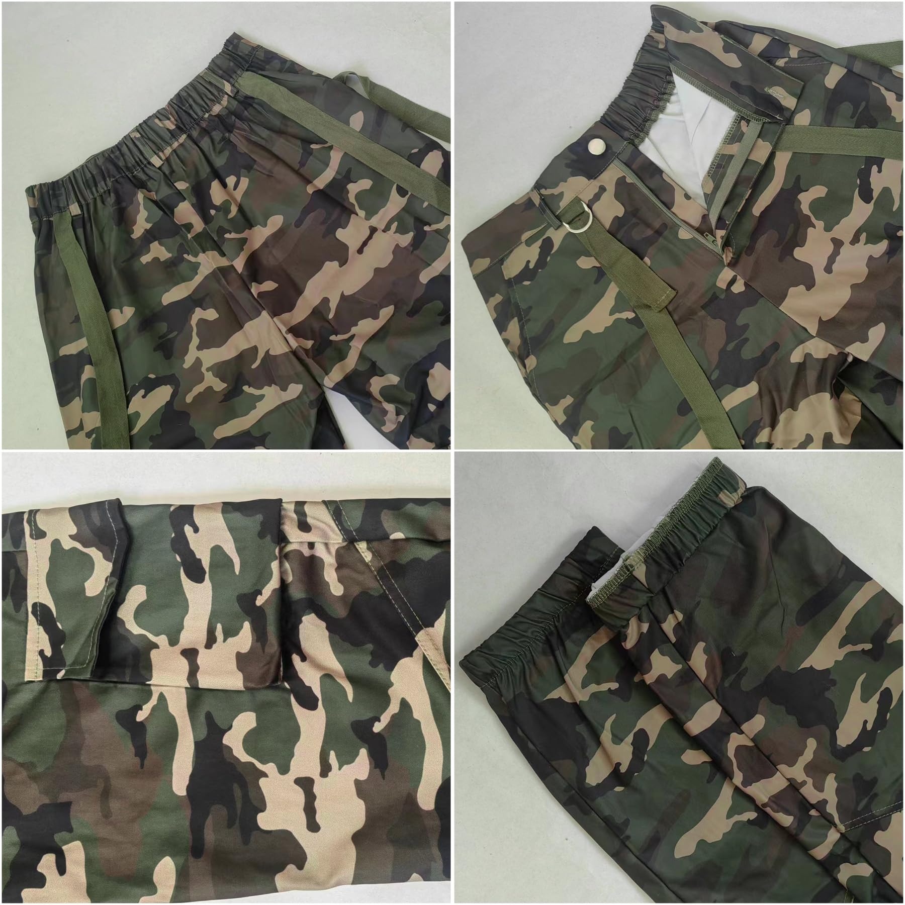 Symina women's camo cargo pants material detail close-up notes durable stretch fabric.