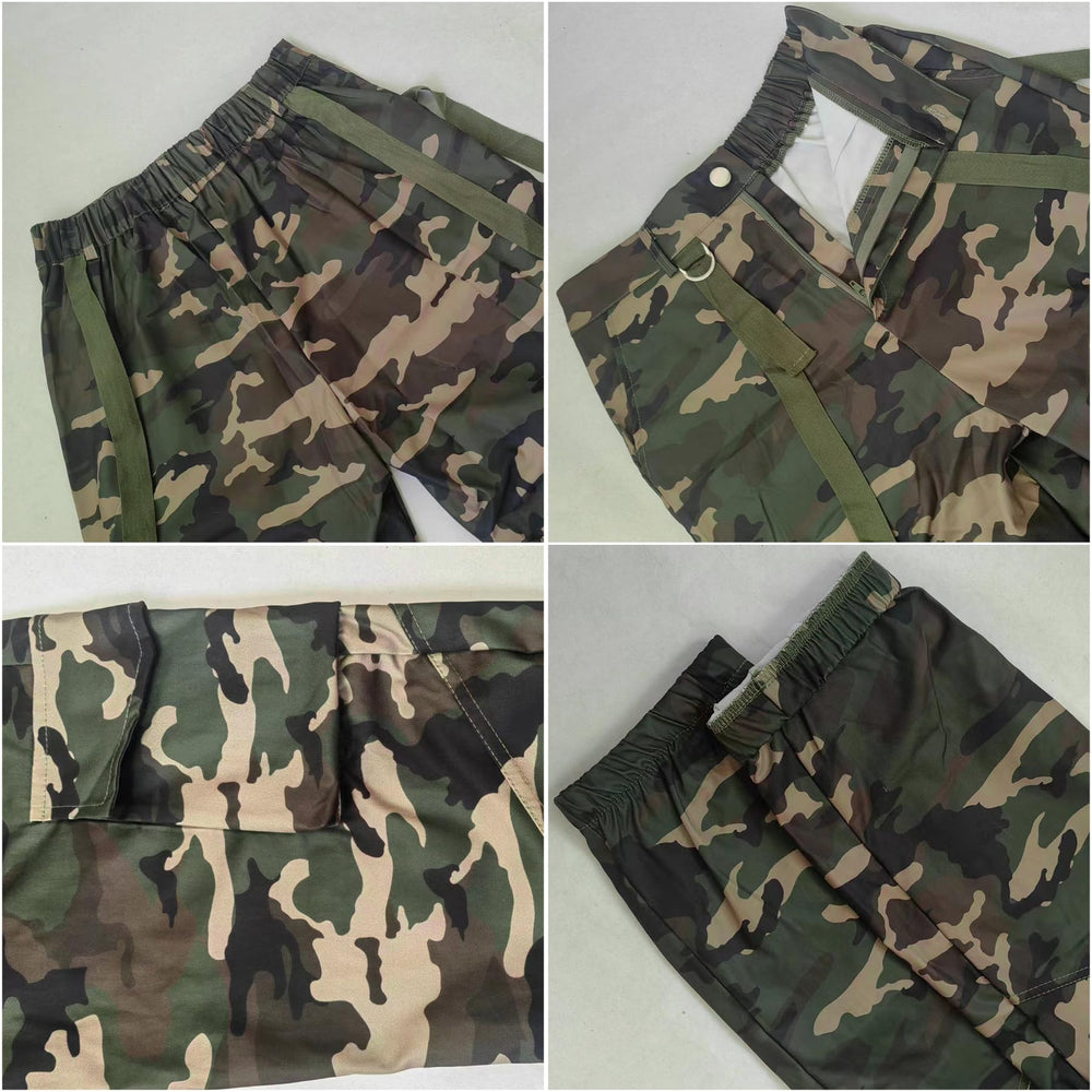 Symina women's camo cargo pants material detail close-up notes durable stretch fabric.