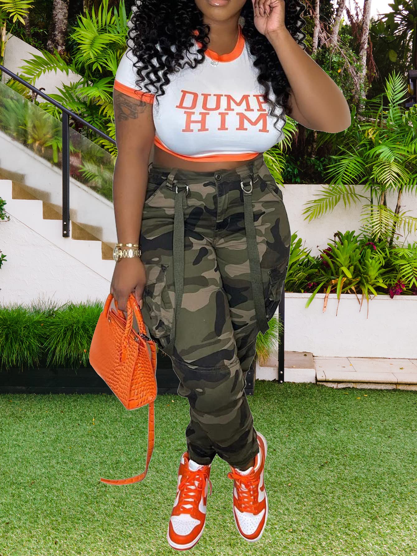 Symina women's camo cargo pants side pocket detail emphasizing practical storage.