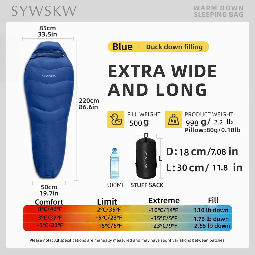 SYWSKW down sleeping bag with detachable pillow for quick, comfortable campsite setup.