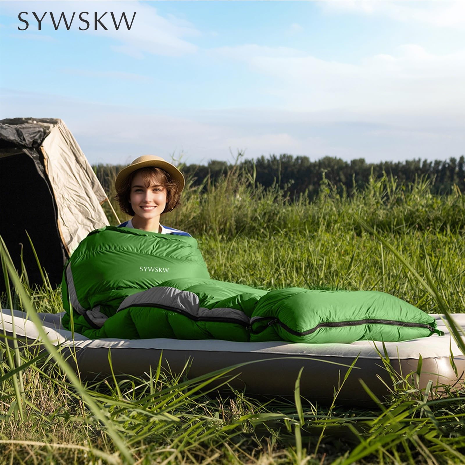 SYWSKW two-color bags zip together to form a cozy, shared sleeping setup.