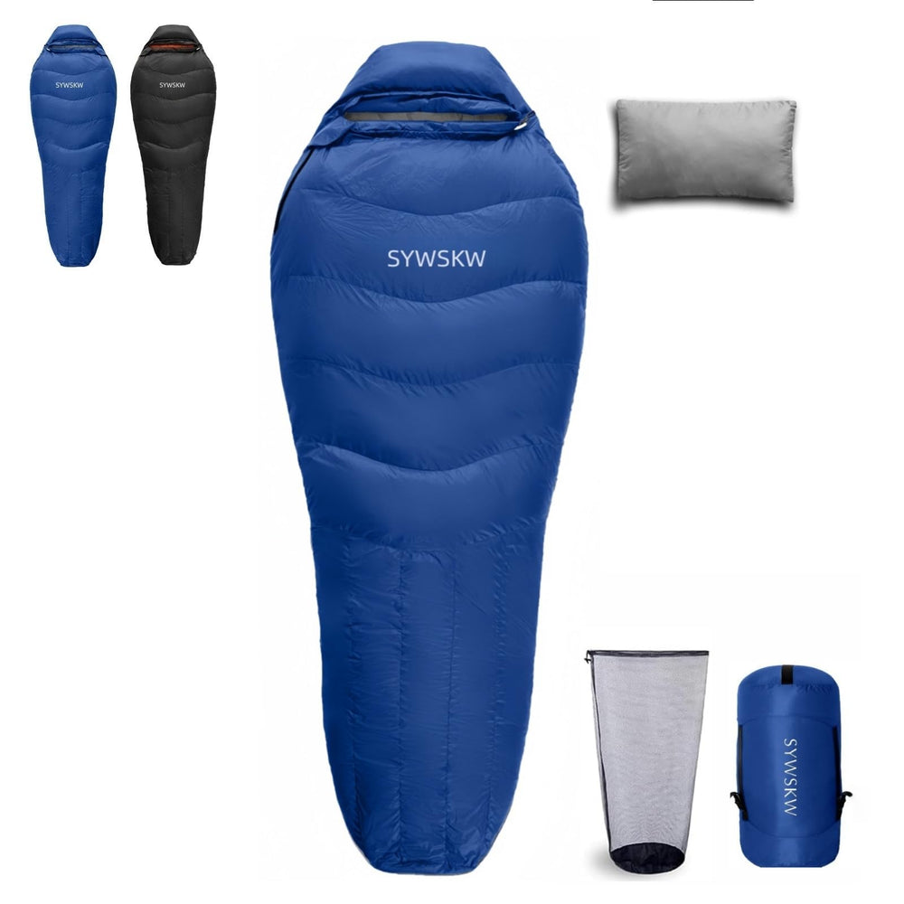 SYWSKW down sleeping bag packability shows compact carry size for backpacking adventures.