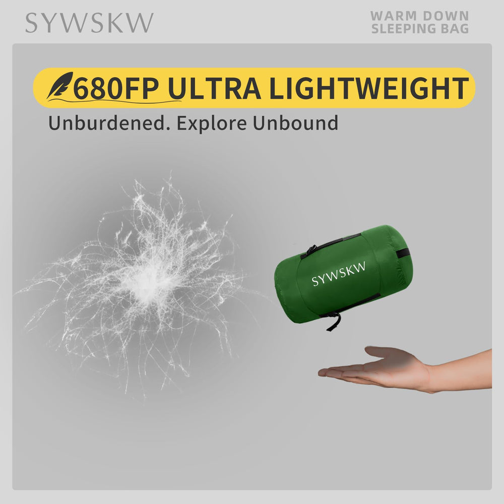SYWSKW down sleeping bag with 33.5-inch shoulder width for spacious sleep.