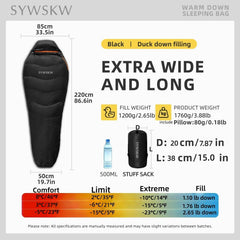 SYWSKW down sleeping bag warmth highlighted by 680FP duck down for cold-weather comfort.