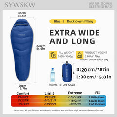 SYWSKW sleeping bag shows wide 33.5 inch shoulder area for comfort.