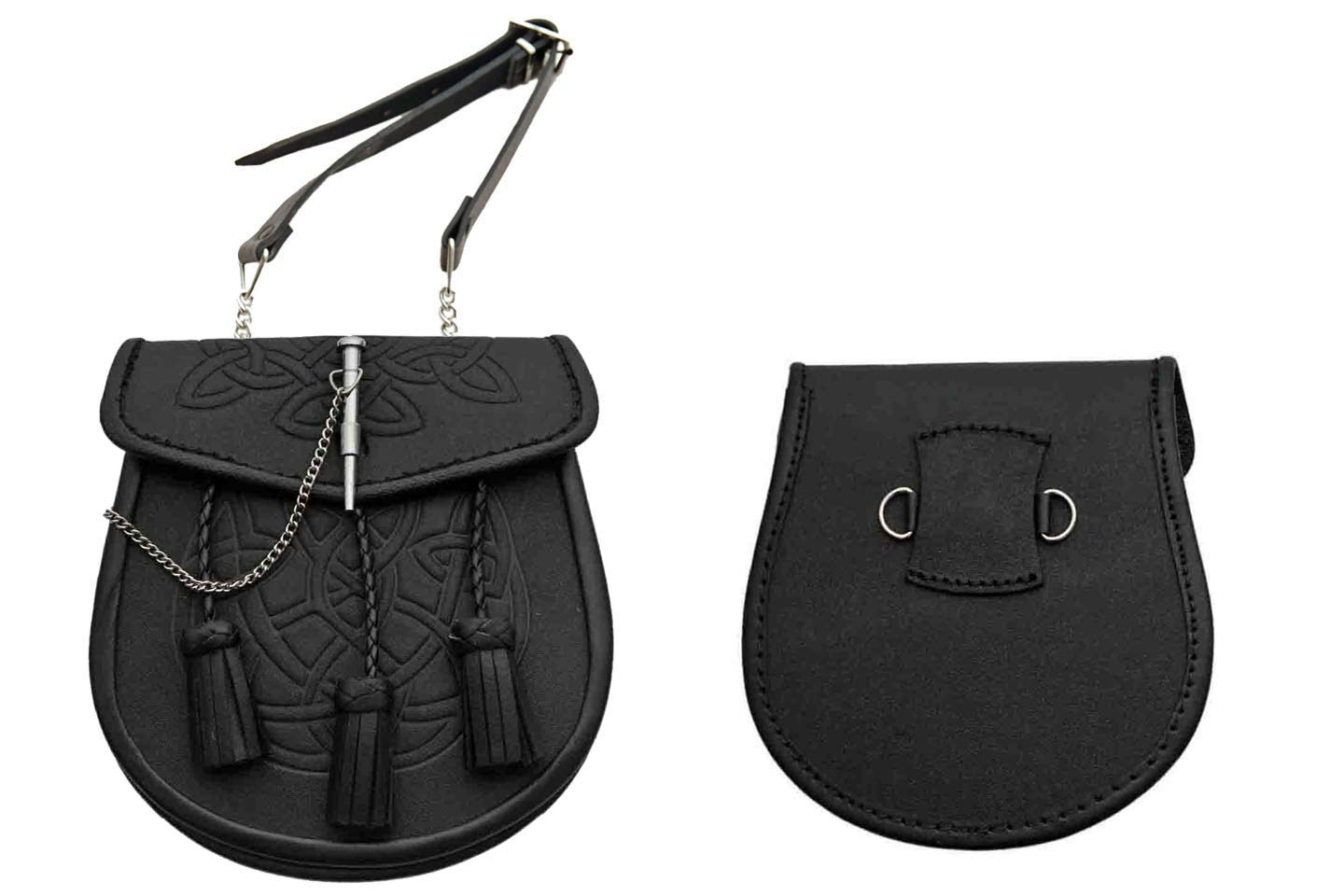 SZCO 8-inch Celtic Knot Leather Sporran in black leather, front view