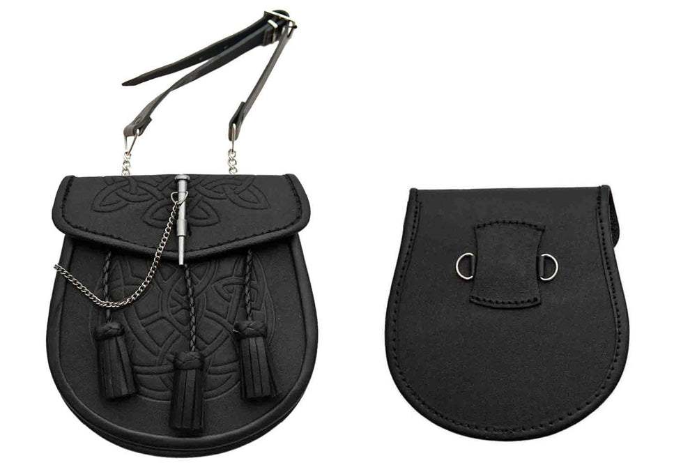 SZCO 8-inch Celtic Knot Leather Sporran in black leather, front view